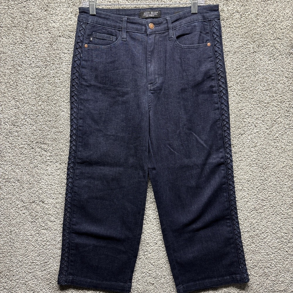 Judy Blue Wide Leg Denim Jeans Women's 11/30x25 Cropped Blue‎ Braided Sides NWOT